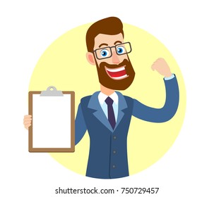 Hipster Businessman showing clipboard and biceps. Full length portrait of Cartoon Hipster Businessman Character. Vector illustration in a flat style.