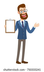 Hipster Businessman showing clipboard and gesticulating. Full length portrait of Cartoon Hipster Businessman Character. Vector illustration in a flat style.