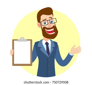 Hipster Businessman showing clipboard and gesticulating. Full length portrait of Cartoon Hipster Businessman Character. Vector illustration in a flat style.