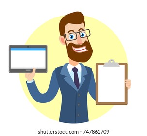 Hipster Businessman showing clipboard and holding tablet PC. Full length portrait of Cartoon Hipster Businessman Character. Vector illustration in a flat style.