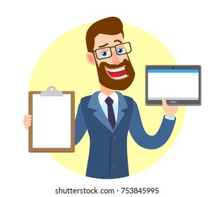 Hipster Businessman showing clipboard and holding tablet PC. Full length portrait of Cartoon Hipster Businessman Character. Vector illustration in a flat style.