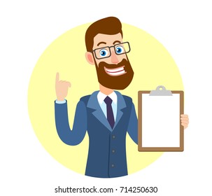 Hipster Businessman showing clipboard and pointing up. Portrait of Cartoon Hipster Businessman Character. Vector illustration in a flat style.
