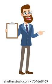 Hipster Businessman showing clipboard and pointing something beside of him. Full length portrait of Cartoon Hipster Businessman Character. Vector illustration in a flat style.