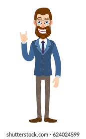Hipster Businessman showing Rock and Roll sign. Full length portrait of Cartoon Hipster Businessman Character. Vector illustration in a flat style.