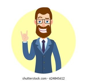 Hipster Businessman showing Rock and Roll sign. Portrait of Cartoon Hipster Businessman Character. Vector illustration in a flat style.