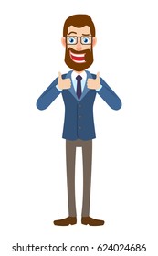 Hipster Businessman showing thumb up. Full length portrait of Cartoon Hipster Businessman Character. Vector illustration in a flat style.