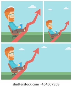 A hipster businessman sitting in a chair and reading a book while his legs lay on an uprising arrow. Business study concept. Vector flat design illustration. Square, horizontal, vertical layouts.