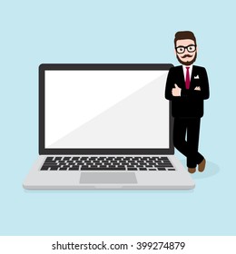 Hipster Businessman Stand with Screen of Laptop