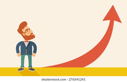 A hipster businessman standing beside the red arrow pointing up. Successful business concept. A Contemporary style with pastel palette, soft beige tinted background. Horizontal layout with text space