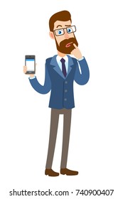 Hipster Businessman standing with his finger to his lips and holding mobile phone. Full length portrait of Cartoon Hipster Businessman Character. Vector illustration in a flat style. 