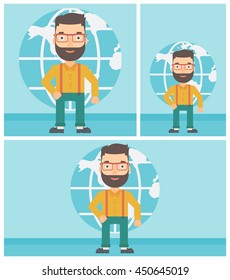 Hipster businessman standing on background of Earth globe. Business man taking part in global business. Global business concept. Vector flat design illustration. Square, horizontal, vertical layouts.