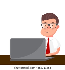 A hipster businessman with the studying sitting in front of laptop vector flat design illustration isolated on white background. Vertical layout.