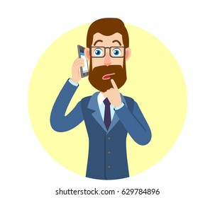 Hipster Businessman talking on mobile phone and standing with his finger to his lips. Portrait of Cartoon Hipster Businessman Character. Vector illustration in a flat style.