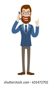 Hipster Businessman talking on mobile phone and pointing up. Full length portrait of Cartoon Hipster Businessman Character. Vector illustration in a flat style.