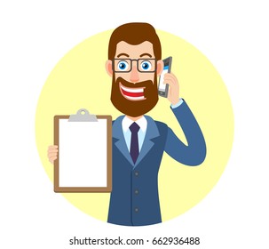 Hipster Businessman talking on mobile phone and showing clipboard. Portrait of Cartoon Hipster Businessman Character. Vector illustration in a flat style.