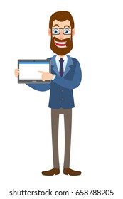 Hipster Businessman using tablet PC.  Full length portrait of Cartoon Hipster Businessman Character. Vector illustration in a flat style.