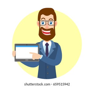Hipster Businessman using tablet PC. Portrait of Cartoon Hipster Businessman Character. Vector illustration in a flat style.