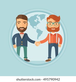 Hipster businessmen shaking their hands on a background map of the world. Concept of international business partnership, teamwork. Vector flat design illustration in the circle isolated on background.