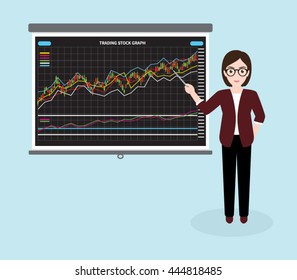 Hipster Businesswoman Giving Presentation about Stock Market Investment Trading, Candle Stick Graph