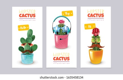 Hipster cactus humorous banners set with popular exotic tropical plants in pots decorated with glasses headset and mustache accessories vector illustration  