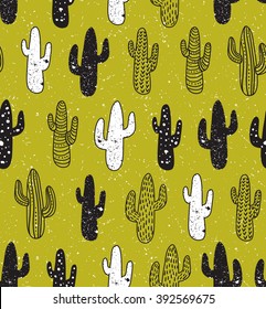 Hipster cactus seamless pattern. Cacti tribal boho background. Fabric print design. Succulent textile surface.