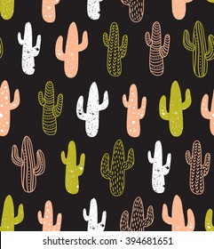 Hipster Cactus Seamless Pattern. Cacti Tribal Boho Background. Fabric Print Design. Succulent Textile Surface.