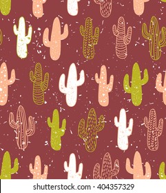 Hipster cactus seamless pattern. Cacti tribal boho background. Fabric print design. Succulent textile surface.