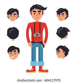 Hipster with camera cartoon character generator with emotive heads with different sides view. Brunette man in red jumper, rolled up jeans and boots with photo camera on neck isolated flat vector