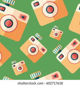 Hipster camera with flash flat icon seamless pattern.