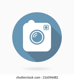Hipster camera icon with flat design in blue circle and light background with long shadow. Vector illustration