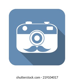 Hipster, camera icon with mustache. Long shadow design, flat icons for web and mobile applications. 