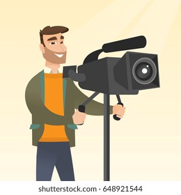 Hipster cameraman with beard looking through a movie camera on a tripod. Young caucasian man with a professional video camera. Cameraman taking a video. Vector flat design illustration. Square layout.