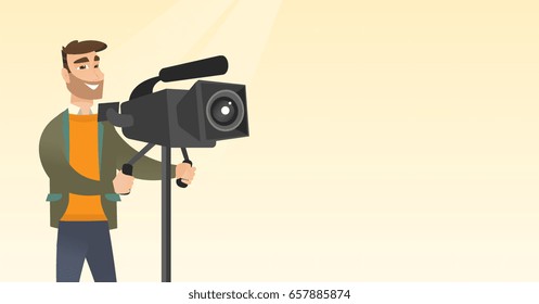 Hipster cameraman with beard looking through a movie camera on a tripod. Caucasian man with a professional video camera. Cameraman taking a video. Vector flat design illustration. Horizontal layout.