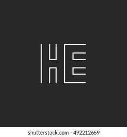 Hipster capital letters HE logo combination symbols, couple Initials H E thin line style, black and white EH conjunction business card simple emblem