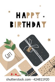 Hipster card with boxes for gifts. Illustration happy birthday