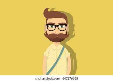 Hipster cartoon character. Man with huge mustache and glasses. Flat vector illustration.	