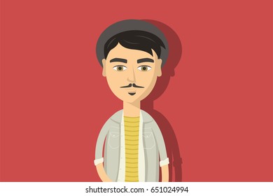 Hipster cartoon character. Man with small mustache and hat. Flat vector illustration.