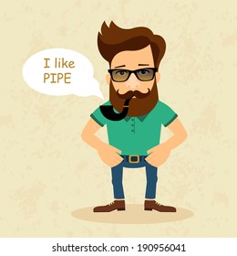 Hipster cartoon character with tobacco pipe. Vintage fashion style vector illustration