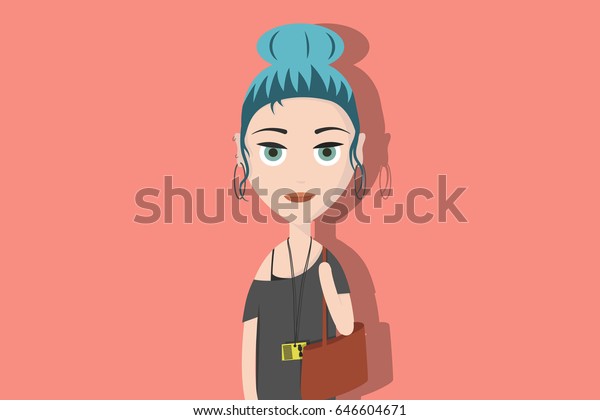 Hipster Cartoon Character Woman Blue Hair Stock Vector Royalty