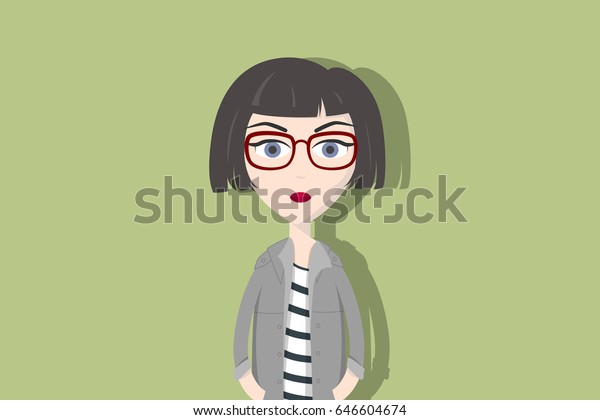 Hipster Cartoon Character Woman Dark Short Stock Vector Royalty