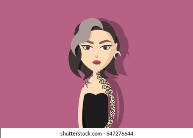 Hipster cartoon character. Woman with tattoos, piercings and white hair. Flat vector illustration.	