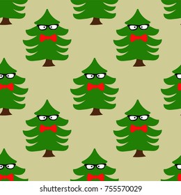 Hipster cartoon Christmas Tree seamless repeating background. The holiday tree is wearing hipster glasses and a red bow tie. Vector format, flat color artwork style
