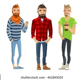 Hipster cartoon male people wearing trendy clothes and haircuts isolated on white background vector illustration