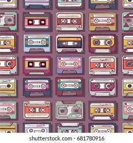 Hipster cartoon seamless pattern with colorful retro cassettes music theme