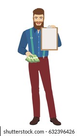 Hipster with cash money and clipboard. Full length portrait of hipster character in a flat style. Vector illustration.