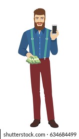 Hipster with cash money holding mobile phone. Full length portrait of hipster character in a flat style. Vector illustration.