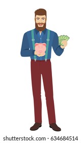 Hipster with cash money holding a piggy bank. Full length portrait of hipster character in a flat style. Vector illustration.