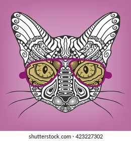 Hipster Cat. Animal portrait in a sunglasses. Isolated hand drawn stylized cat with ethnic floral doodle pattern, zentangle style art, sketch pattern. Coloring book page, shirt print, tattoo design
