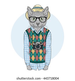 hipster cat boy with photo camera, furry art illustration, fashion animals