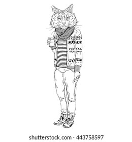 hipster cat with coffee, furry art illustration, fashion animals